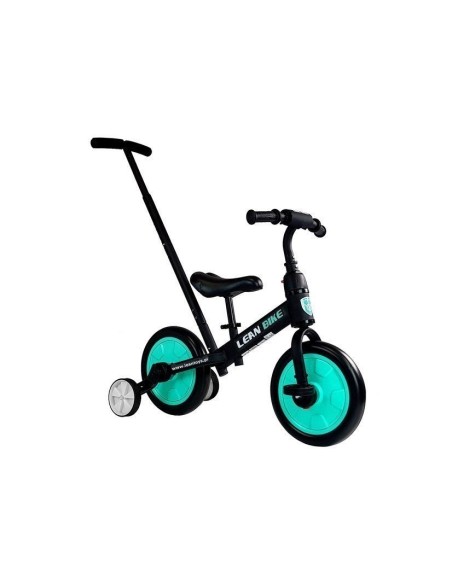 Bicicleta 3 in 1, cu pedale si roti ajutatoare pentru copii, negru-turcoaz, LeanToys, 7679