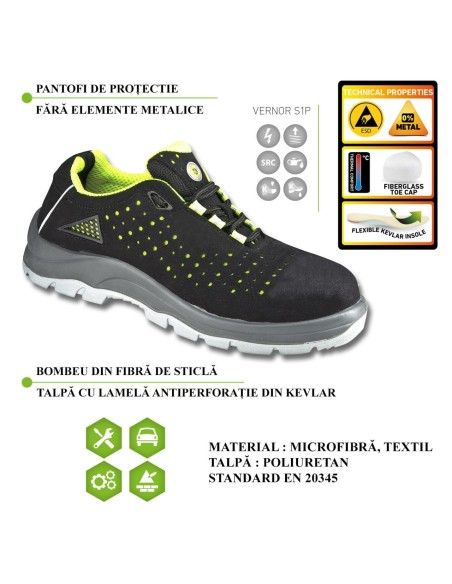Incaltaminte de protectie pantofi fara elemente metalice, bombeu din fibra de sticla si talpa din Kevlar flexibil, marime 43-VER