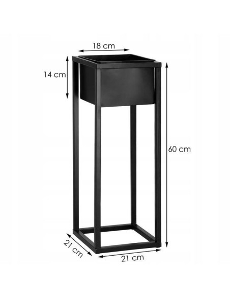 Suport pentru ghivece de flori, patrat, metalic, negru mat, 21x21x60 cm, Springos