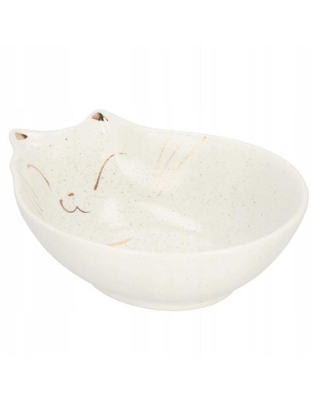 Castron, bol, pentru caine, pisica, ceramica, alb, model pisica, 15x11x5 cm