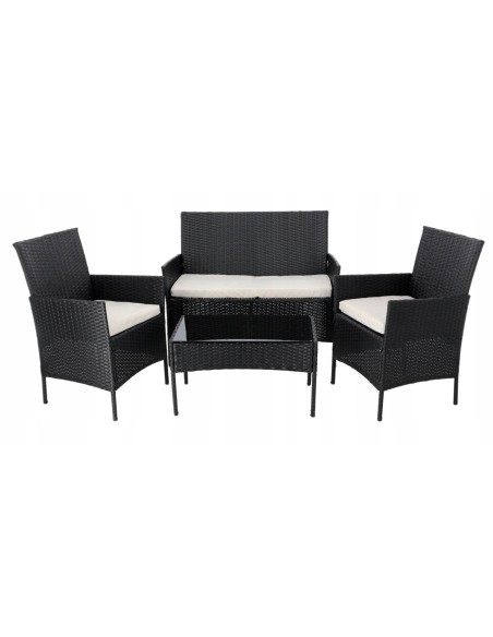 Set mobilier gradina/terasa, poliratan, negru cu perne bej, 1 masa, 2 fotolii, 1 canapea, Medi