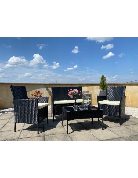 Set mobilier gradina/terasa, poliratan, negru cu perne bej, 1 masa, 2 fotolii, 1 canapea, Medi