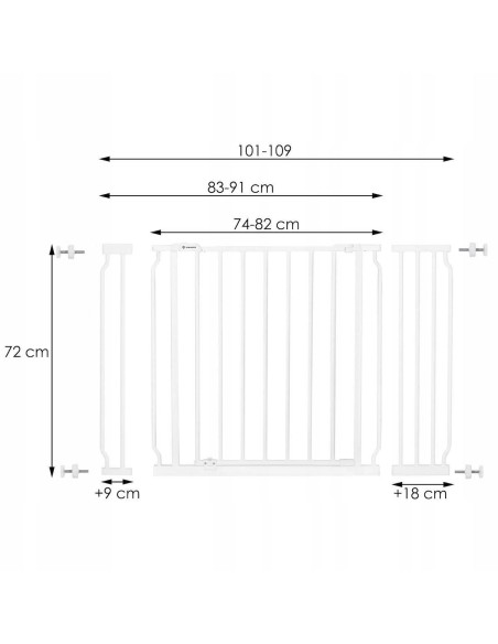 Poarta, grilaj, de siguranta, protectie copii, inchidere automata, cu extensie 9+18 cm, metalica, alb, 74/82x72 cm, Springos