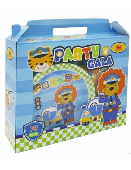Set pentru petrecere copii, Police, 36 piese, ochelari, coifuri, pahare, farfurii, paie si suflatori