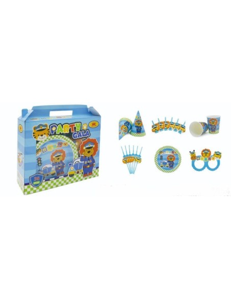 Set pentru petrecere copii, Police, 36 piese, ochelari, coifuri, pahare, farfurii, paie si suflatori