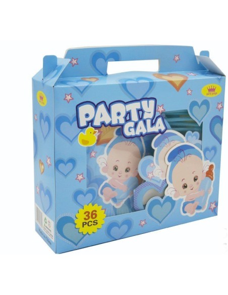 Set pentru petrecere copii, Bebelus albastru, 36 piese, ochelari, coifuri, pahare, farfurii, paie si suflatori