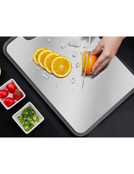Tocator plastic cu suprafata antibacteriana din otel, Verk Group, gri, fata dubla, cu maner, 35x25 cm