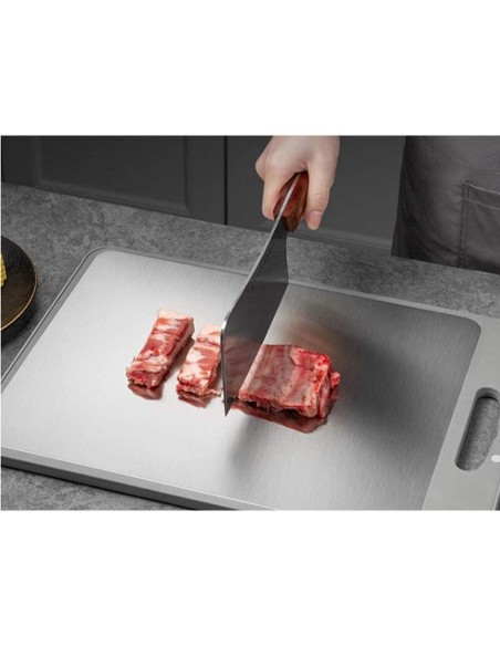 Tocator plastic cu suprafata antibacteriana din otel, Verk Group, gri, fata dubla, cu maner, 35x25 cm