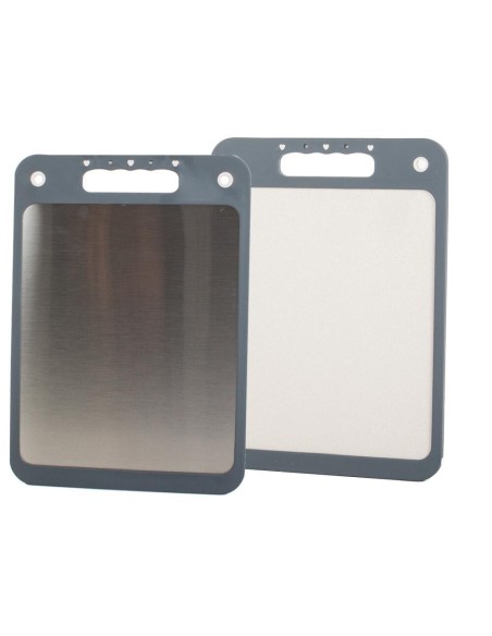 Tocator plastic cu suprafata antibacteriana din otel, Verk Group, gri, fata dubla, cu maner, 35x25 cm