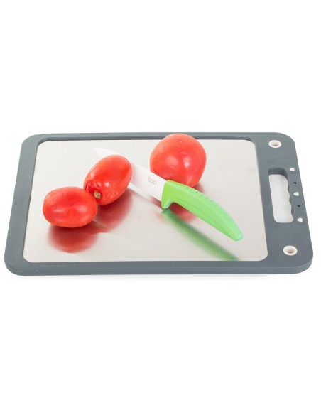Tocator plastic cu suprafata antibacteriana din otel, Verk Group, gri, fata dubla, cu maner, 35x25 cm