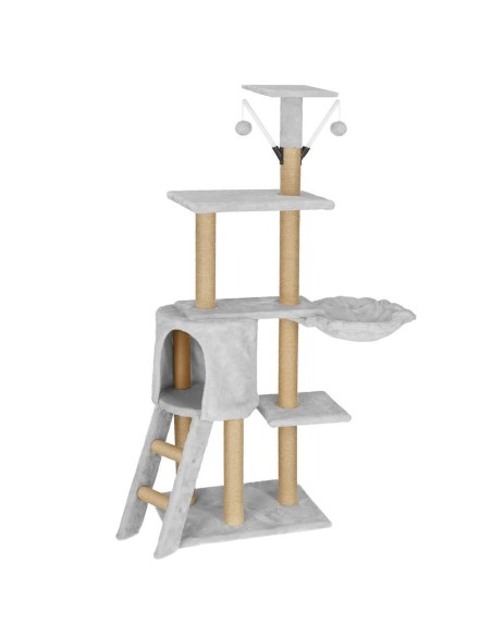 Ansamblu de joaca pentru pisici, Springos, cu platforme, ciucuri, culcus, gri si bej, 49x35x136 cm