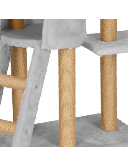 Ansamblu de joaca pentru pisici, Springos, cu platforme, ciucuri, culcus, gri si bej, 49x35x136 cm