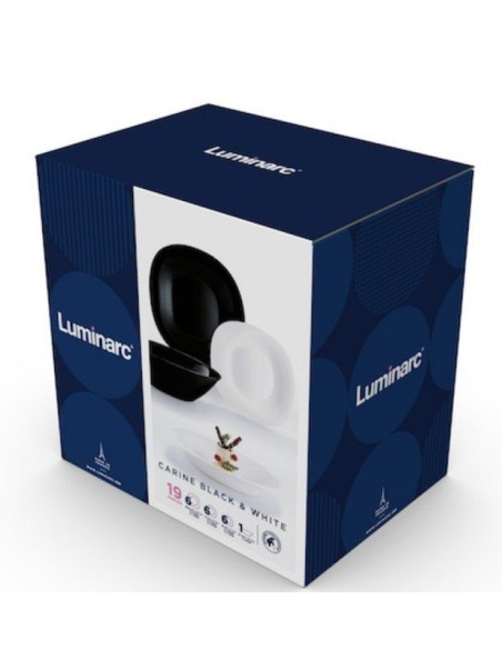 Set serviciu de masa negru-alb, pentru 6 persoane, Luminarc Carine, 19 piese, 18 farfurii si bol salata