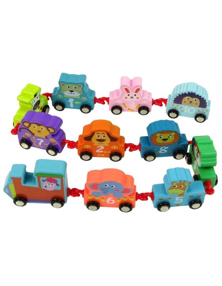Trenulet din lemn pentru copii, locomotiva cu vagoane, animalute, 10125