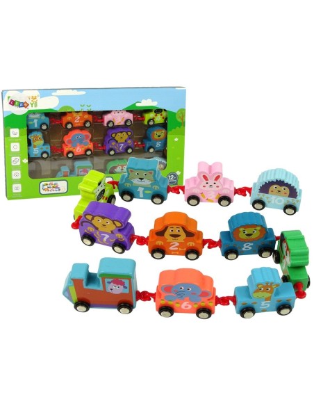Trenulet din lemn pentru copii, locomotiva cu vagoane, animalute, 10125