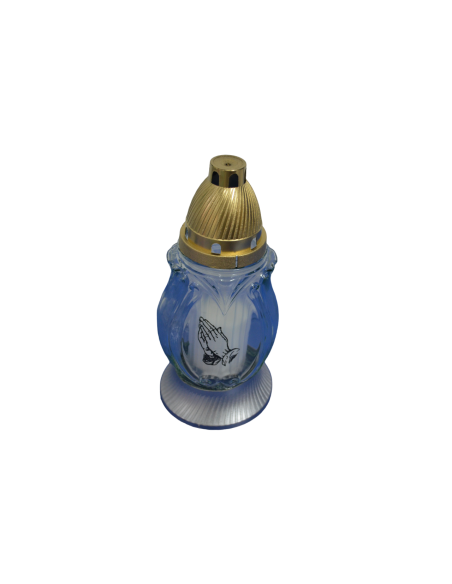 Candela de sticla, capac auriu, model rugaciune L-I393, diverse culori