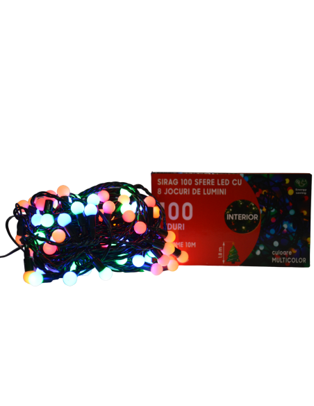 Instalatie de Craciun, sirag luminos, cu 8 jocuri de lumini, 100 sfere LED, multicolore, 10 m