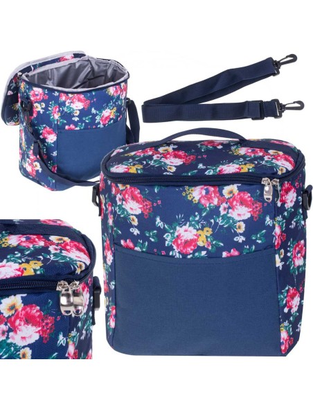 Geanta termoizolanta pentru picnic sau plaja, capacitate 11l, culoare Albastra cu flori