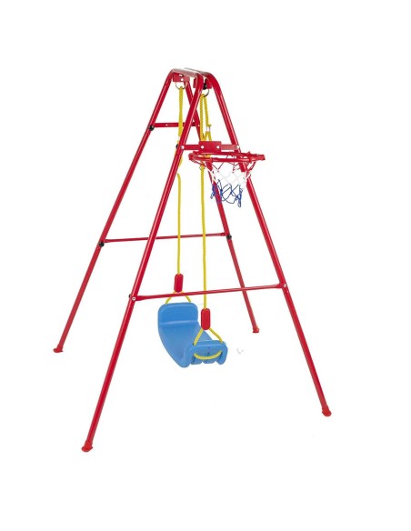 Set de gradina 3in1 pentru copii, Leagan + Cos de Baschet + Minge, cadru metalic, culoare Rosu