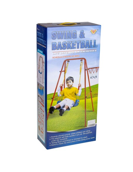 Set de gradina 3in1 pentru copii, Leagan + Cos de Baschet + Minge, cadru metalic, culoare Rosu