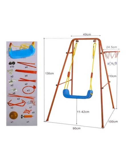 Set de gradina 3in1 pentru copii, Leagan + Cos de Baschet + Minge, cadru metalic, culoare Rosu