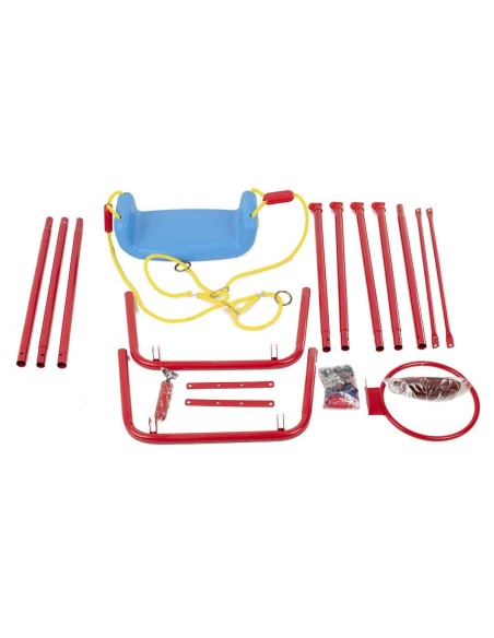 Set de gradina 3in1 pentru copii, Leagan + Cos de Baschet + Minge, cadru metalic, culoare Rosu