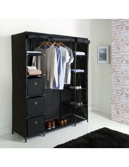 Dulap XXL pentru haine din material textil si schelet metalic, 12 rafturi (11 + 1 spatiu pentru umerase haine), culoare Neagra