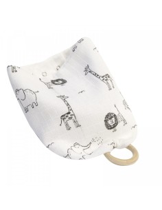 Baveta din muselina cu inel din lemn BabyJem (Model: Zoo)