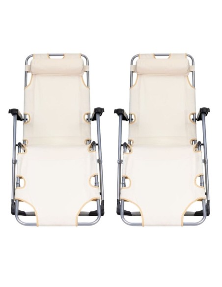 Set 2 sezlonguri pliabile cu tetiera si suport pentru picioare, reglabile 3 pozitii, Max 160 kg, Tesatura, Cadru Metalic Negru,