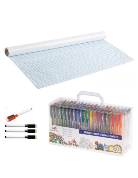 Set Rola de hartie autoadeziva pentru scris si desenat cui 4 markere cu magnet si burete si 140 pixuri cu gel cu sclipici perman