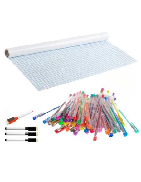 Set Rola de hartie autoadeziva pentru scris si desenat cui 4 markere cu magnet si burete si 50 pixuri cu gel cu sclipici permane