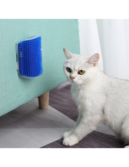 Perie de masaj si curatarea blanii cu iarba Catnip pentru pisicute, montaj pe colturi, 8.5 x 12.5 cm, Albastru