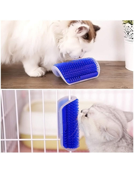 Perie de masaj si curatarea blanii cu iarba Catnip pentru pisicute, montaj pe colturi, 8.5 x 12.5 cm, Albastru