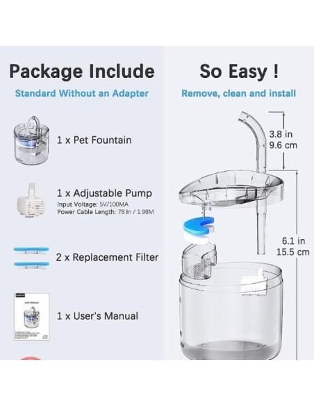 Fantana automata electrica, dozator de apa pentru animalele de companie, 2000 ml, 16.5 x 22 cm, 5V, 40 dB, Transparent