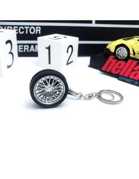 Breloc metalic anticoroziv, model roata auto, Argintiu