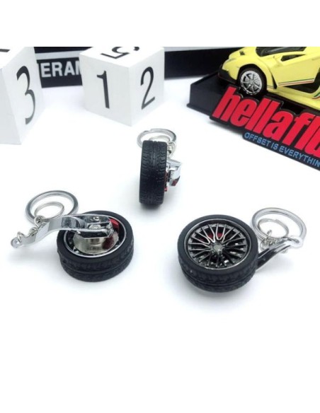 Breloc metalic anticoroziv, model roata auto, Negru