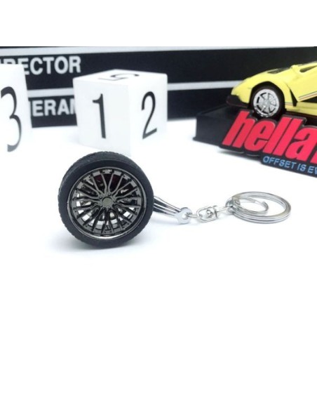 Breloc metalic anticoroziv, model roata auto, Negru
