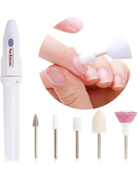 Freza de unghii portabila cu 5 capete diferite pentru Manichiura si Pedichiura, 20000 RPM, Alb