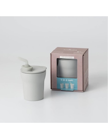 Pahar cu capac si pai antrenament bebelusi Miniware 1-2-3 Sip!, 100% din materiale naturale biodegradabile, Grey