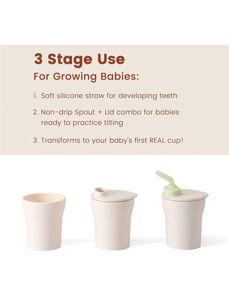 Pahar cu capac si pai antrenament bebelusi Miniware 1-2-3 Sip!, 100% din materiale naturale biodegradabile, Grey