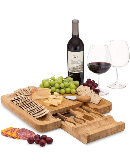 Set platou din bambus si 4 cutite speciale pentru servire branzeturi, Maro, 33x33x3.8 cm