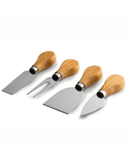 Set platou din bambus si 4 cutite speciale pentru servire branzeturi, Maro, 33x33x3.8 cm