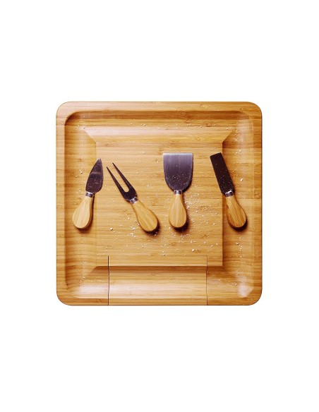 Set platou din bambus si 4 cutite speciale pentru servire branzeturi, Maro, 33x33x3.8 cm