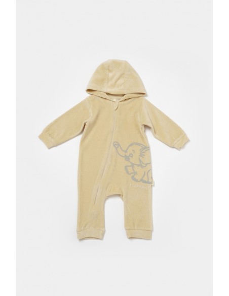 Salopeta Elefant cu maneca lunga si gluga din 80%bumbac organic si 20% poliester - Stone, BabyCosy (Marime: 12-18 Luni)