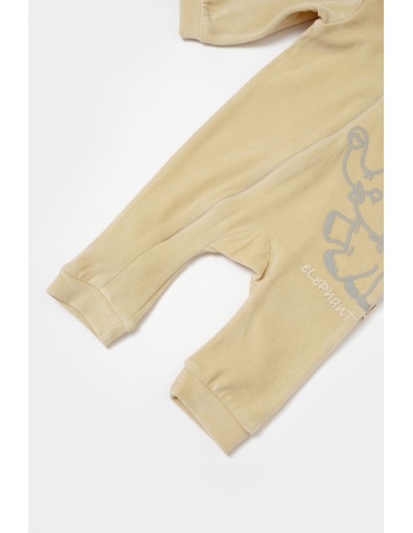 Salopeta Elefant cu maneca lunga si gluga din 80%bumbac organic si 20% poliester - Stone, BabyCosy (Marime: 12-18 Luni)