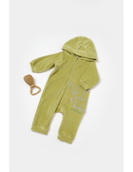 Salopeta Elefant cu maneca lunga si gluga din 80%bumbac organic si 20% poliester - Verde, BabyCosy (Marime: 12-18 Luni)