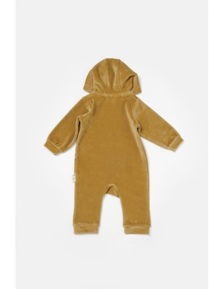 Salopeta Elefant cu maneca lunga si gluga din 80%bumbac organic si 20% poliester - Mustar, BabyCosy (Marime: 18-24 Luni)