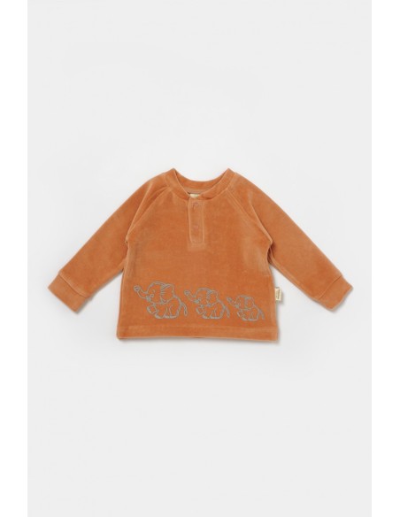 Set bluzita si pantaloni Elefant, 80%bumbac organic si 20% poliester - Caramiziu, BabyCosy (Marime: 9-12 luni)
