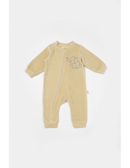 Salopeta Elefant cu maneca lunga din 80%bumbac organic si 20% poliester - Stone, BabyCosy (Marime: 6-9 luni)
