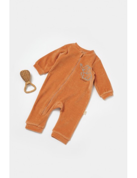 Salopeta Elefant cu maneca lunga din 80%bumbac organic si 20% poliester - Caramiziu, BabyCosy (Marime: 9-12 luni)